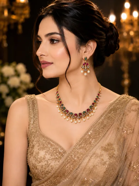 Antique Gold Ruby & Emerald Kundan Necklace Set with Pearl Drops