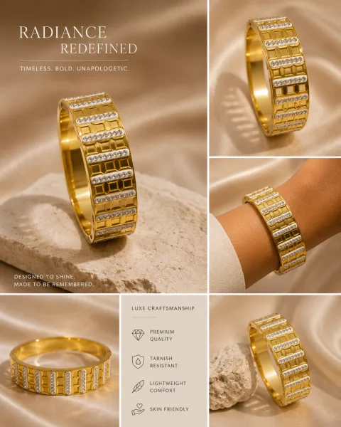 Premium Anti-Tarnish Stainless Steel Bracelet for Women | Luxury Gold-Plated Adjustable Cuff Bracelet