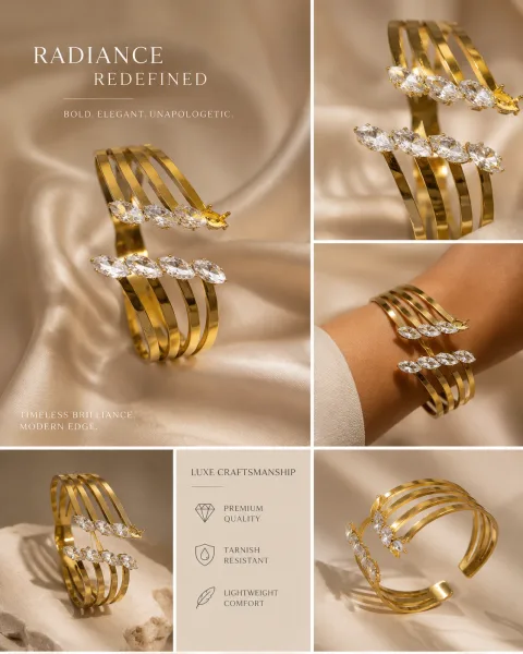 Premium Anti-Tarnish Stainless Steel Bracelet for Women | Luxury Gold-Plated Adjustable Cuff Bracelet