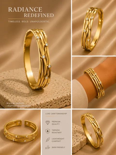 Premium Anti-Tarnish Stainless Steel Bracelet for Women | Luxury Gold-Plated Adjustable Cuff Bracelet