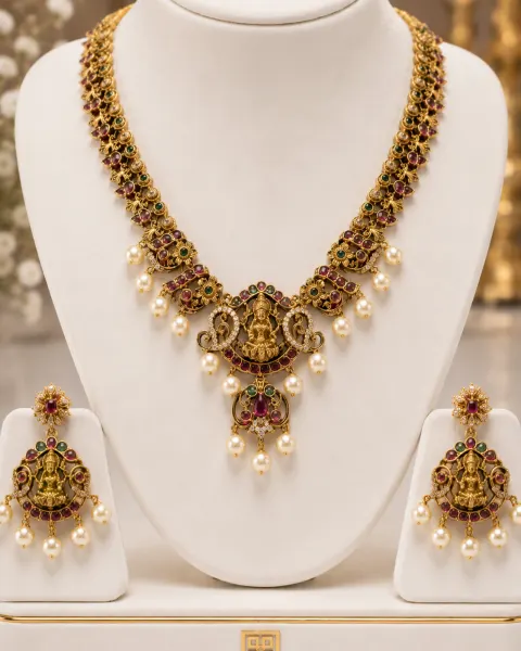 Lakshmi Temple Kundan Necklace Set with Pearl Drops