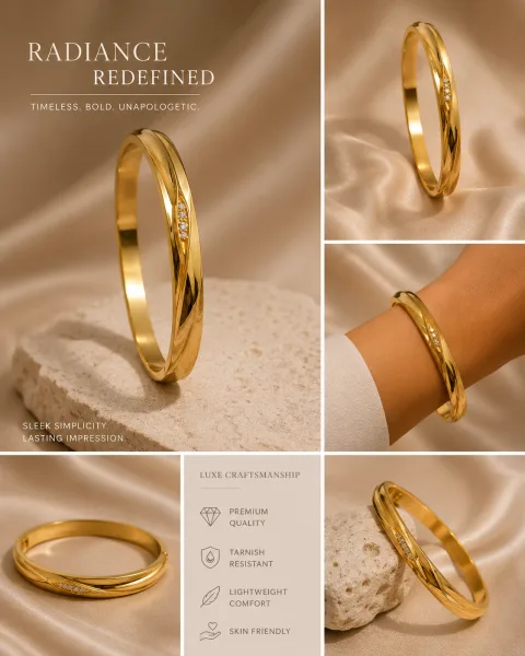 Premium Anti-Tarnish Stainless Steel Bracelet for Women | Luxury Gold-Plated Adjustable Cuff Bracelet
