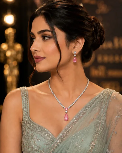 Galloria Pink American Diamond Necklace & Earrings Set | Premium Designer Jewellery