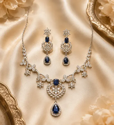 Galloria Royal Blue Floral American Diamond Necklace & Earrings Set | Luxury Designer Jewellery