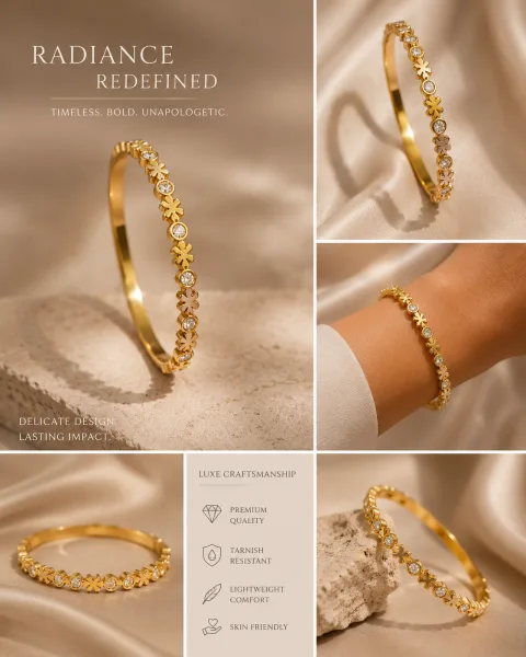 Premium Anti-Tarnish Stainless Steel Bracelet for Women | Luxury Gold-Plated Adjustable Cuff Bracelet
