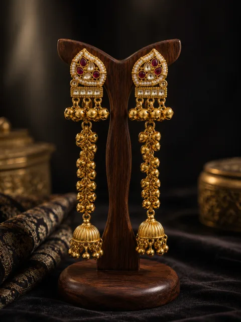 Galloria Royal Ruby Kundan Jhumka Tassel Earrings | Premium Traditional Long Earrings