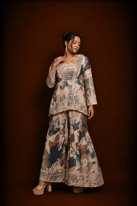 Floral Printed Embellished Jacket Style Co-ord Set with Sharara Palazzo
