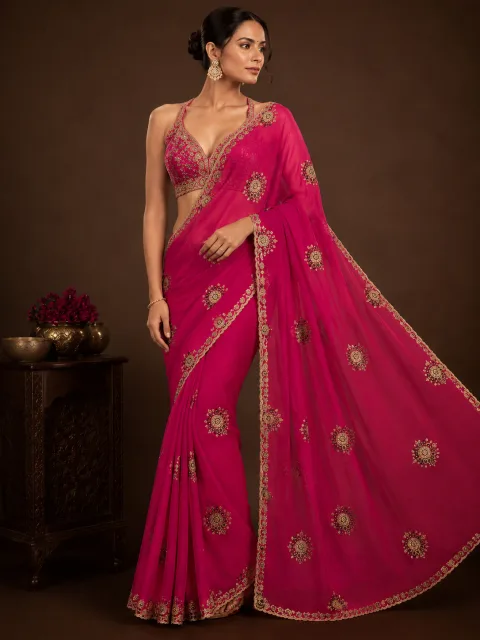 Hot Pink Embroidered Saree with Floral Stone Work