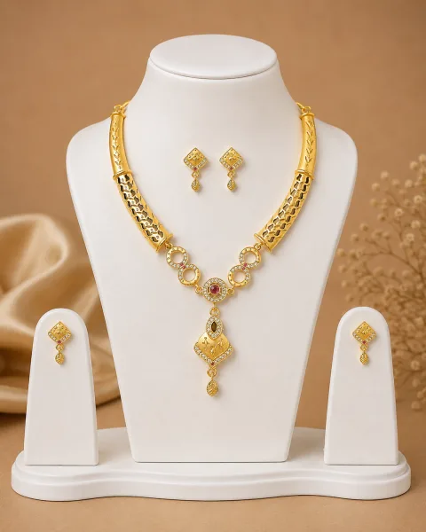 Premium Antique Gold-Tone Designer Necklace Set with CZ Stones