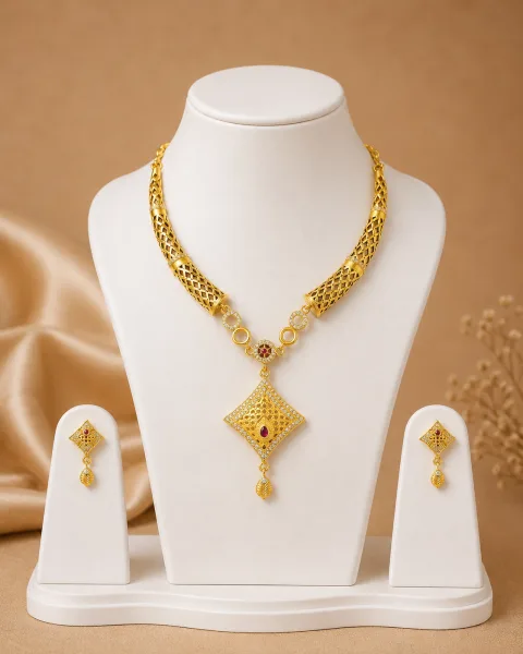 Premium Geometric Gold-Tone Necklace Set with CZ Embellishments
