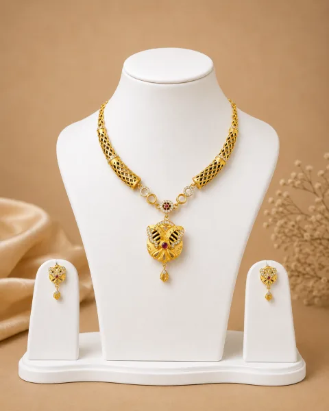 Royal Gold-Tone Designer Pendant Necklace Set with CZ Stones