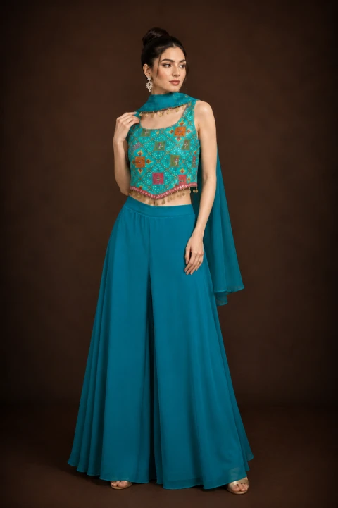 Teal Mirror Work Indo-Western Co-ord Set with Palazzo & Dupatta
