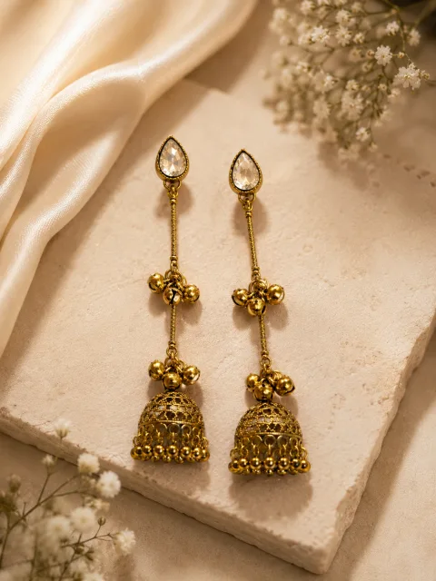 Galloria Crystal Bell Jhumka Earrings | Premium Antique Long Earrings