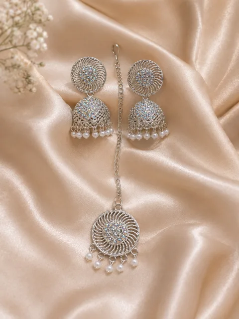 Premium Silver-Tone Jhumka Earrings & Maang Tikka Set with Pearl Drops