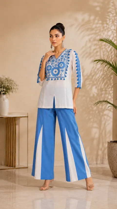 Elegant White & Sky Blue Embroidered Cotton Co-Ord Set | Galloria