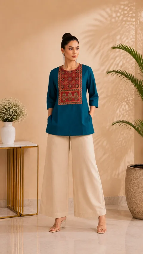 Elegant Teal Cotton single piece Kurti for Women | Ethnic Printed Yoke Design | Soft Comfortable Fabric