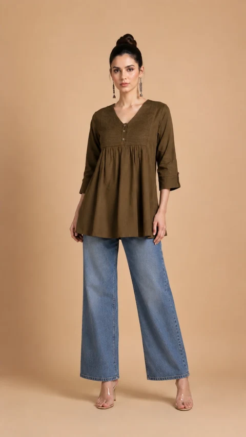 Elegant Olive Pleated Kurti | Single Piece | Galloria