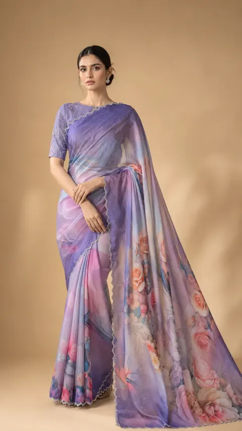 Korean Crepe Saree with Crystal Floral Embellishments | Blouse Piece Included