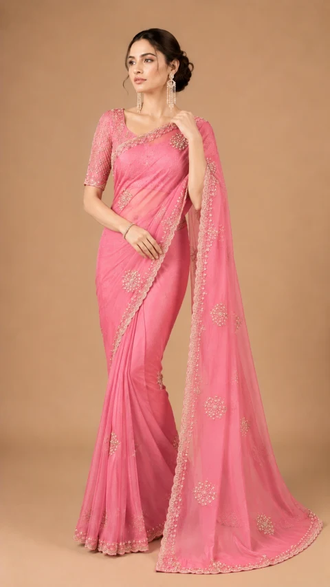 Premium Soft Organza Saree with Handcrafted Stone Work & Designer Blouse Piece