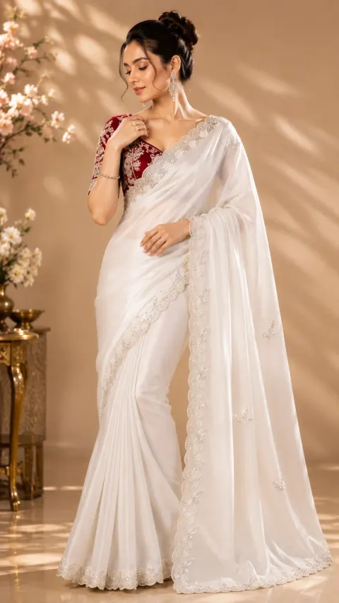Premium Soft Organza White Saree with Pearl & Sequin Embroidered Border | Designer Blouse piece