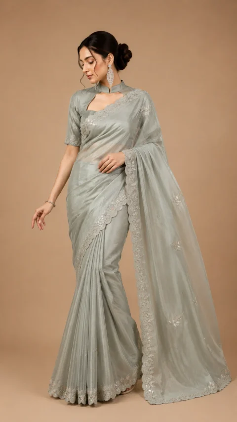 Premium Soft Organza Saree in Sage Grey with Pearl & Embroidered Border | Designer Blouse Included