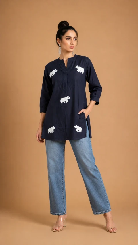 Navy Blue Cotton Kurti with Elephant Motifs | Single Piece | Galloria