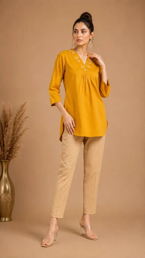 Golden Mustard Designer Kurti with Embroidered Neckline | Single Piece | Galloria