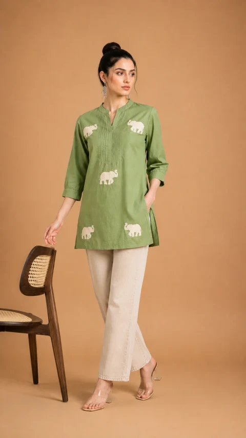 Elegant Olive Elephant Embroidered Kurti | Single Piece | Galloria