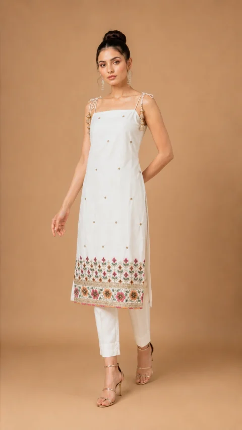 Ivory Floral Embroidered Designer Kurti | 2 Piece | Galloria