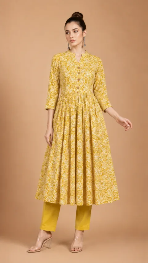 Elegant Mustard Anarkali Kurti | Single Piece | Galloria