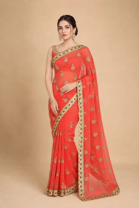 Coral Orange chiffon georgette Saree with Zari Butti Work