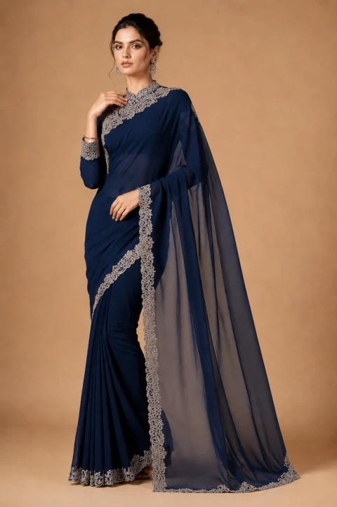 Navy Blue Chiffon Saree with Zari Embroidery | Blouse Piece Included