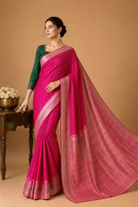 Fuchsia Banarasi Silk Blend Saree with Blouse Piece | Galloria