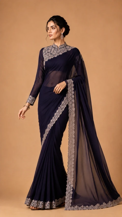 Elegant Chiffon Saree with Zari Embroidery | Blouse Piece Included