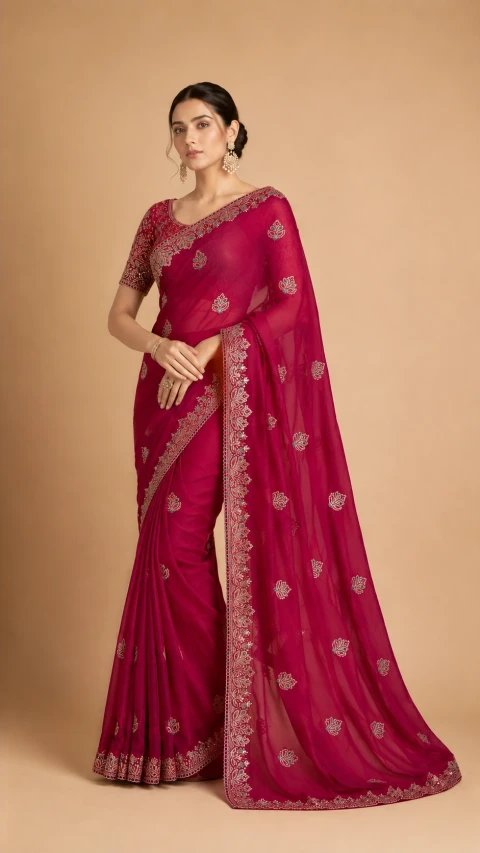 Wine Red Embroidered Saree with Zari Border & Butti Work