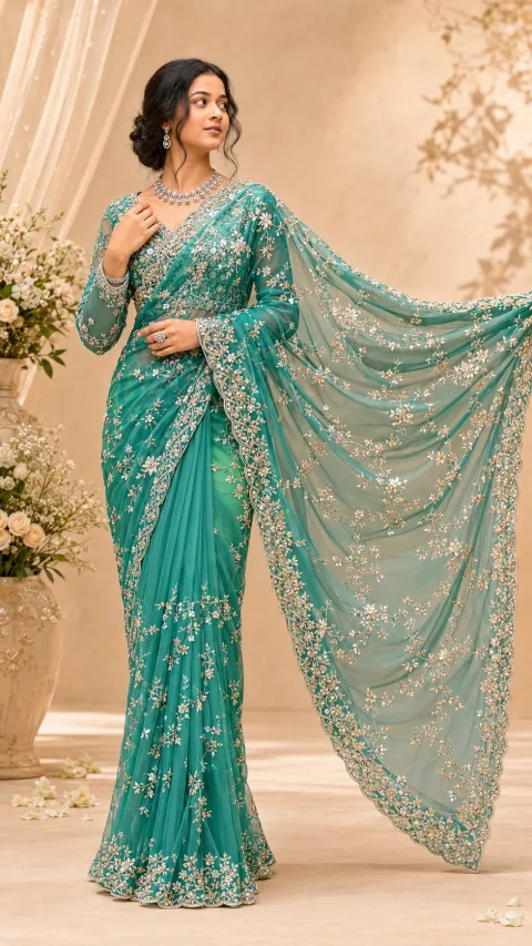 Sea Green Soft Net Bridal Saree with Heavy Floral Thread Embroidery & Premium Hand Embellishment Work/Pre-Stitched Designer Blouse Included ✅