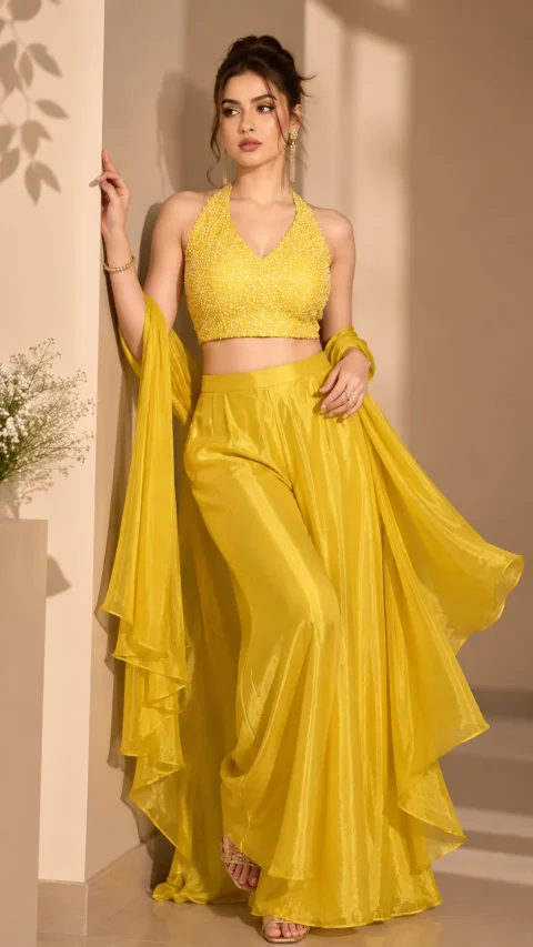 Sunshine Yellow Shimmer Co-ord Set with Sequin Embellished Halter Blouse