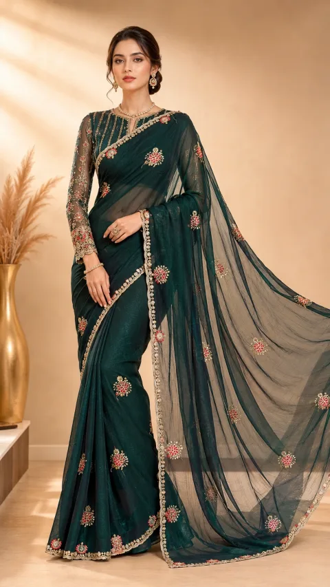 Dark Green Embroidered Saree with Floral Stone Work