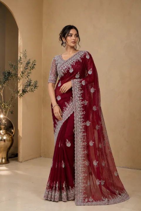 Wine Designer Saree with Heavy Embroidery, Sequins & Stone Work