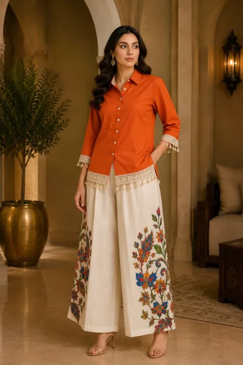 Elegant Orange Kurti with Embroidered Palazzo | Designer Kurti | Galloria