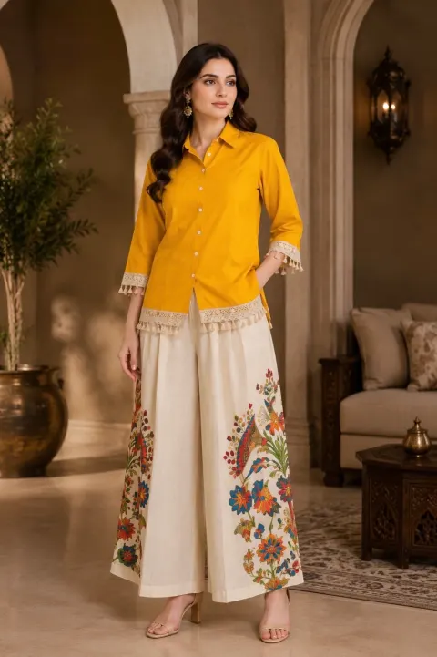 Sunlit Mustard Designer Kurti | Two Piece | Galloria
