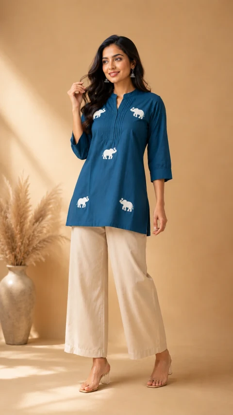Elegant Blue Elephant Motif Designer Kurti | Single Piece | Galloria