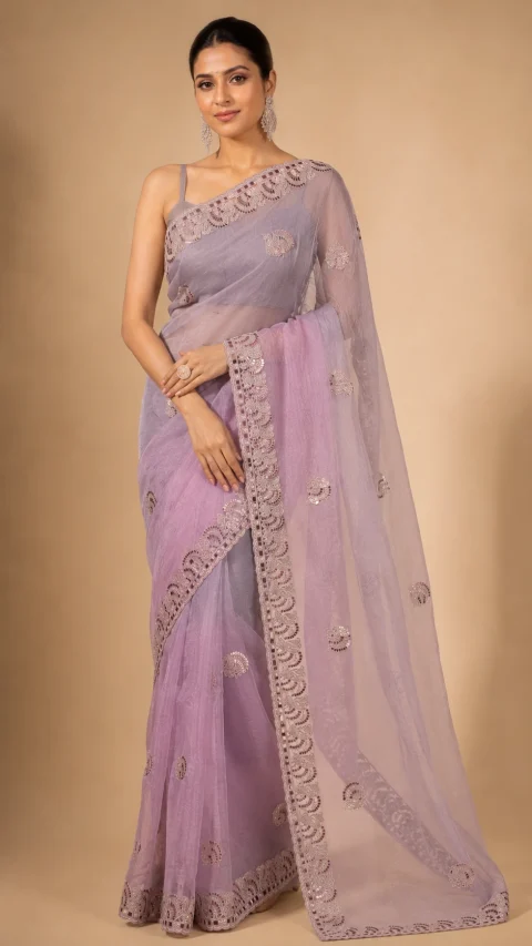 Elegant Dusty Mauve Organza Saree with Sequins & Embroidered Peacock Motifs