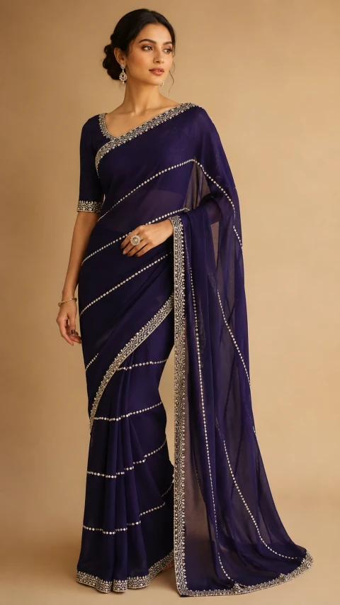 Navy Blue Designer Saree with Stone Stripe Work & Border