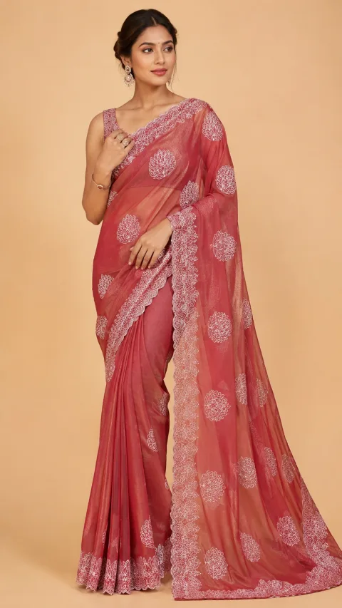 Rose Pink Organza Saree with Floral Embroidery & Scalloped Border