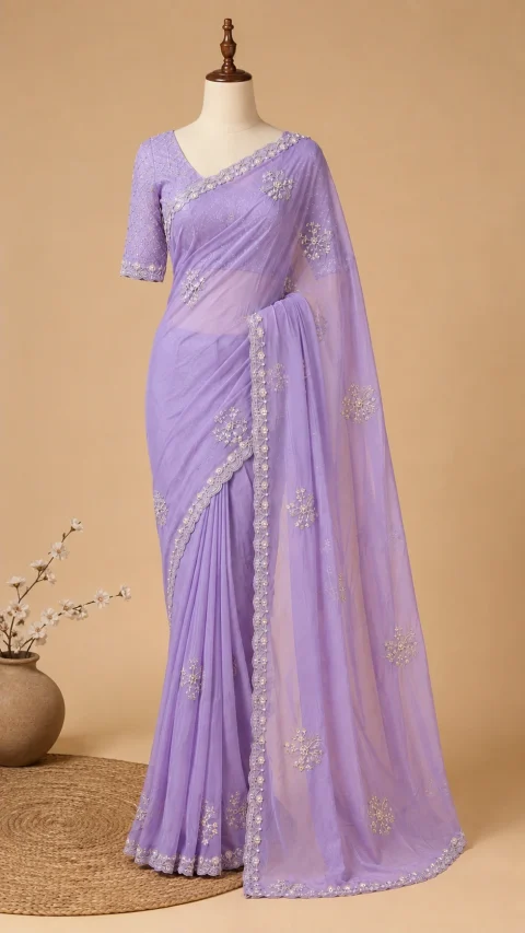 Lavender Soft Satin Organza Saree with Floral Embroidery | Blouse Piece Included