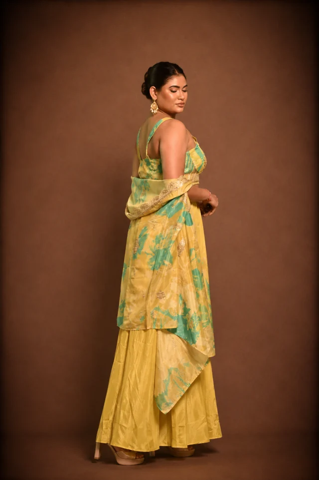 Sunshine Yellow Floral Printed Indo-Western Co-ord Set with Cape Dupatta