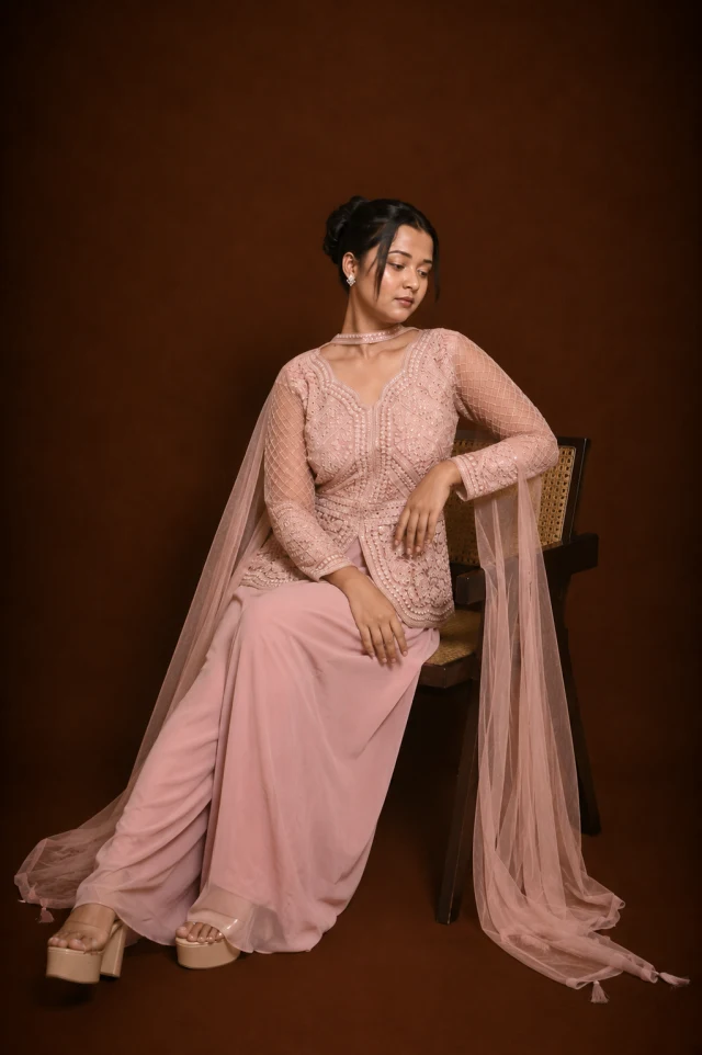 Blush Pink Embroidered Jacket Style Palazzo Set with Net Dupatta