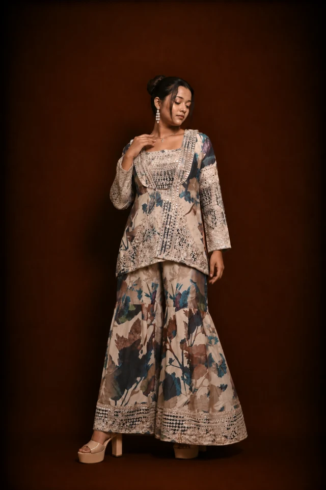 Floral Printed Embellished Jacket Style Co-ord Set with Sharara Palazzo
