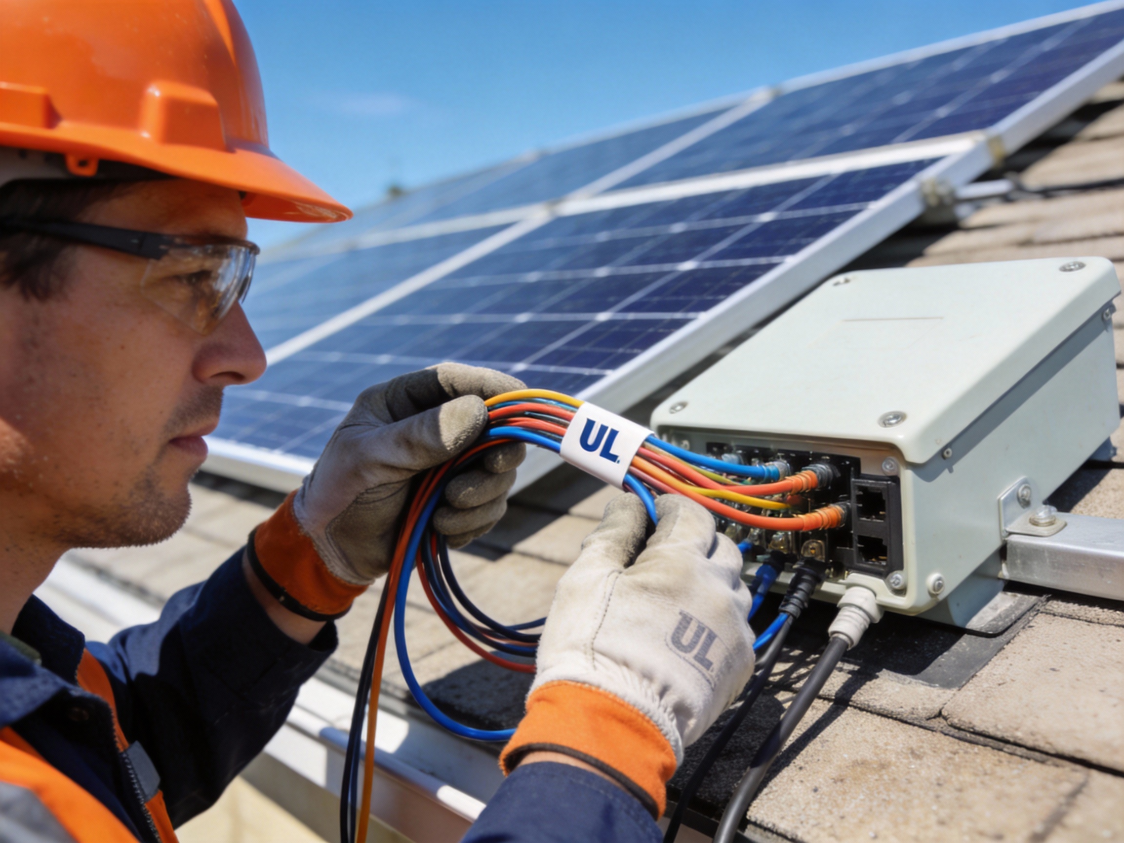 A professional electrician in safety gear inspects UL-labeled PV wires on a rooftop solar array